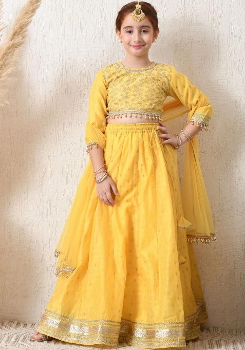 Yellow Embellished Silk Lehenga Set For Girls