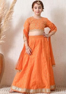 Orange Embellished Silk Lehenga Set For Girls