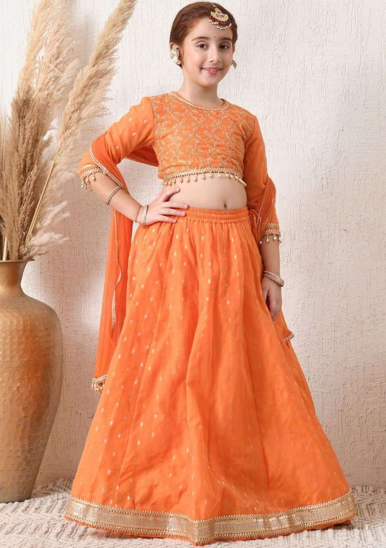 Orange Embellished Silk Lehenga Set For Girls - Indya
