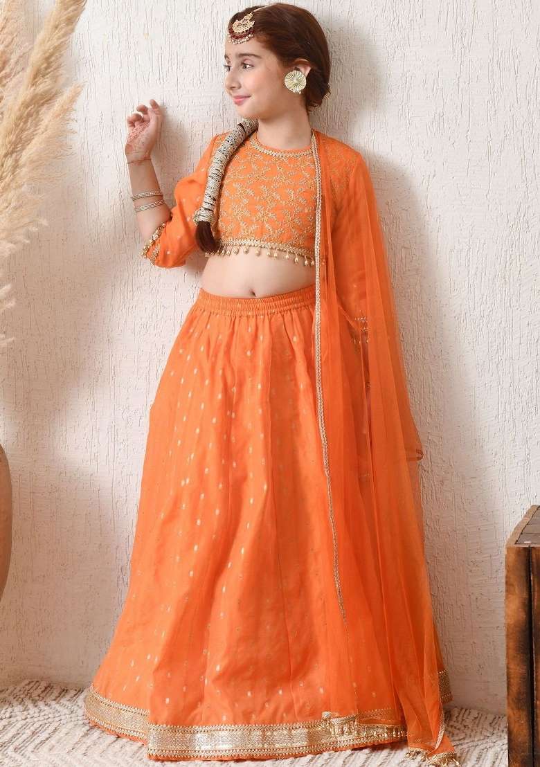 Orange Embellished Silk Lehenga Set For Girls - Indya