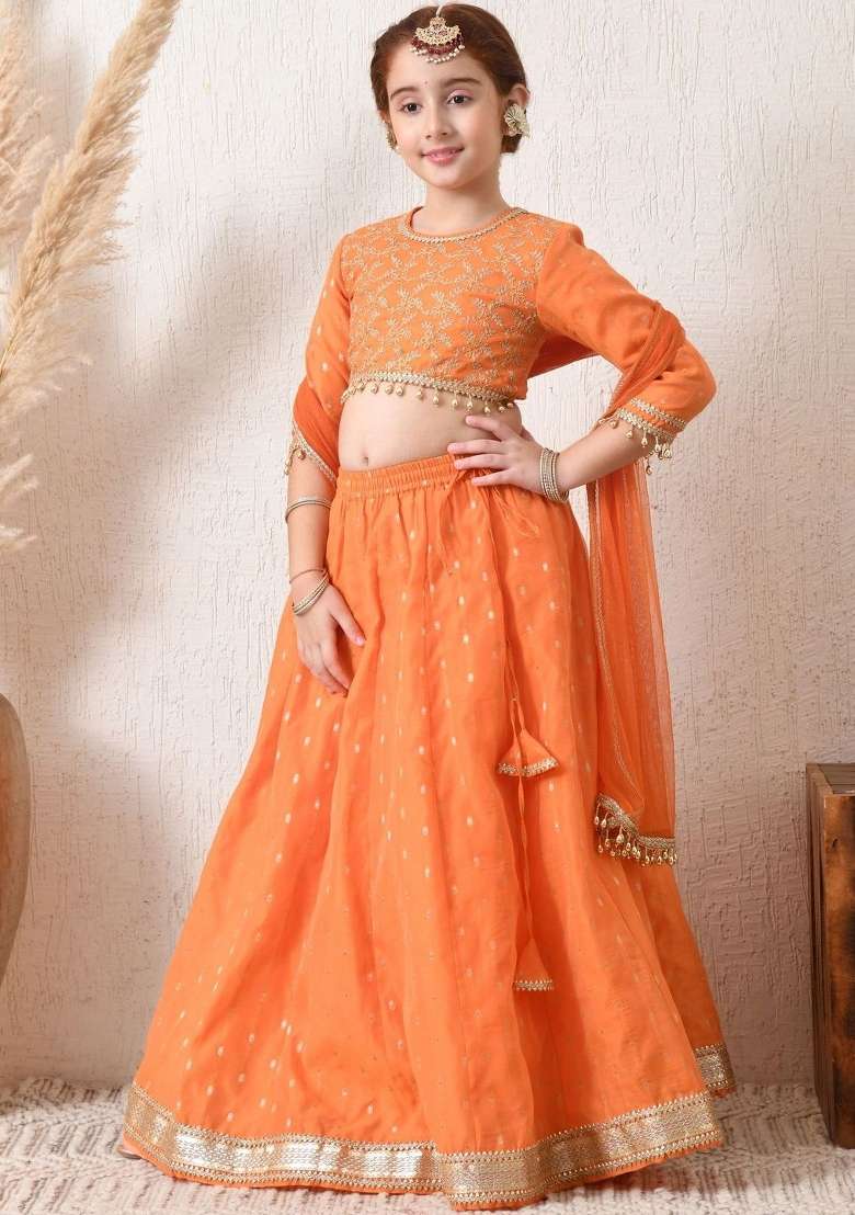 Orange Embellished Silk Lehenga Set For Girls - Indya