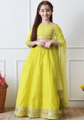 Lime Green Embellished Georgette Lehenga Set For Girls