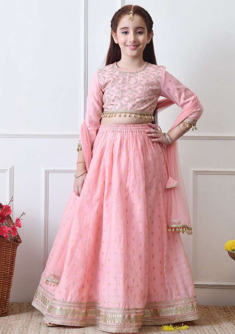 Pink Embellished Silk Lehenga Set For Girls - Indya