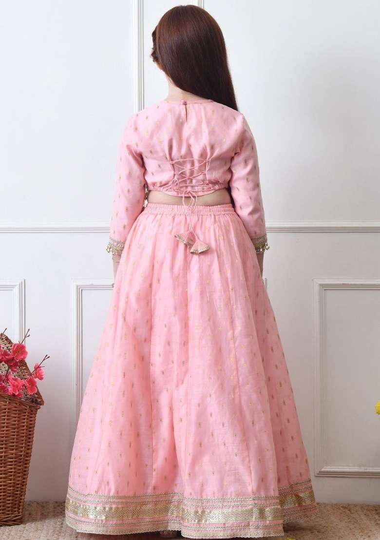 Pink Embellished Silk Lehenga Set For Girls - Indya