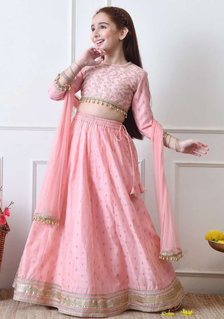 Pink Embellished Silk Lehenga Set For Girls - Indya