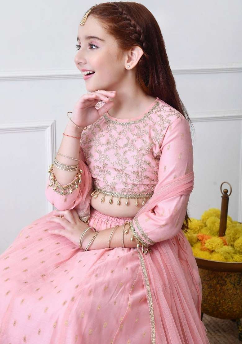Pink Embellished Silk Lehenga Set For Girls - Indya