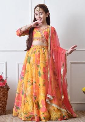 Yellow Printed Georgette Lehenga Set For Girls
