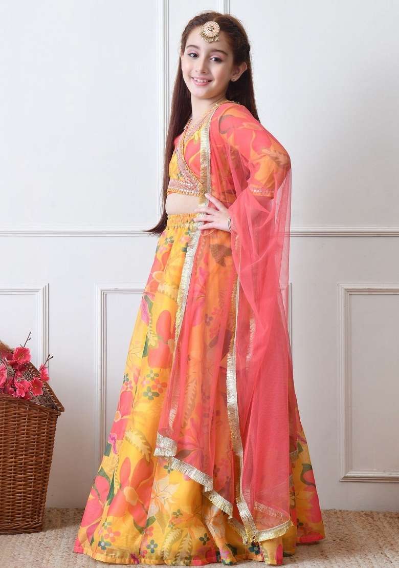 Yellow Printed Georgette Lehenga Set For Girls - Indya