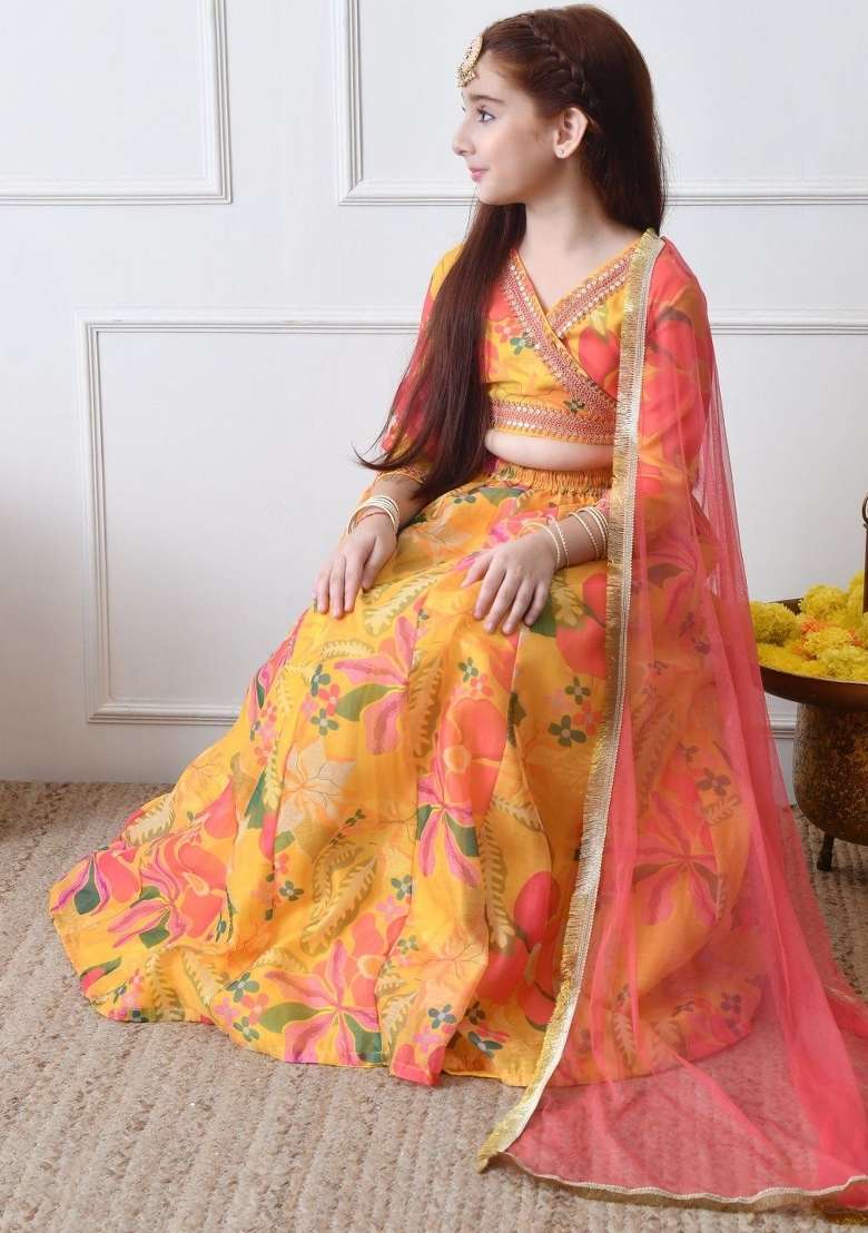 Yellow Printed Georgette Lehenga Set For Girls - Indya