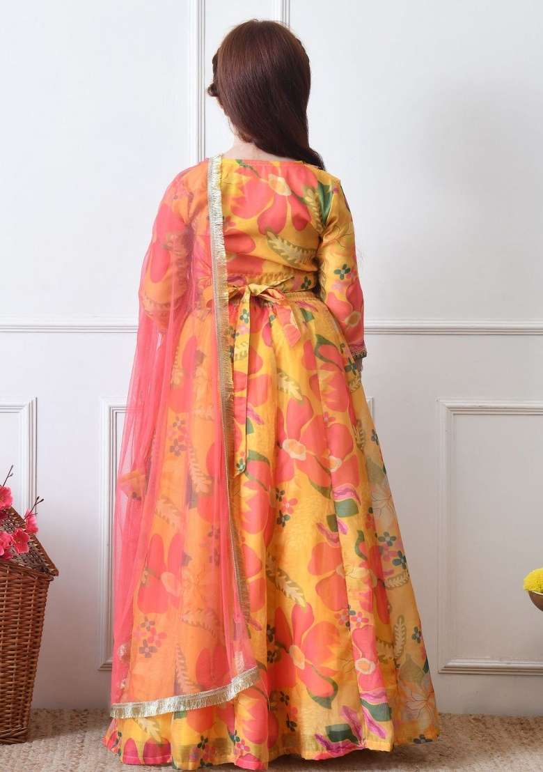 Yellow Printed Georgette Lehenga Set For Girls - Indya