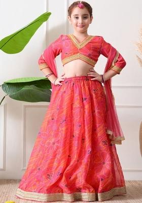 Pink Printed Silk Lehenga Set For Girls