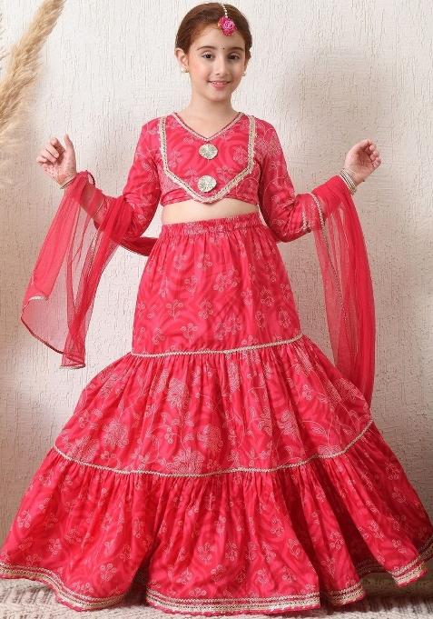 Pink Embellished Viscose Lehenga Set For Girls