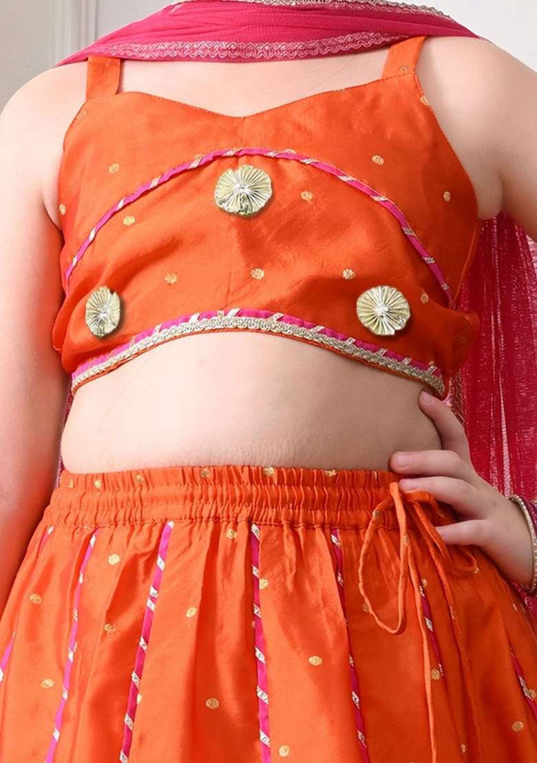 Orange Embellished Silk Lehenga Set For Girls - Indya