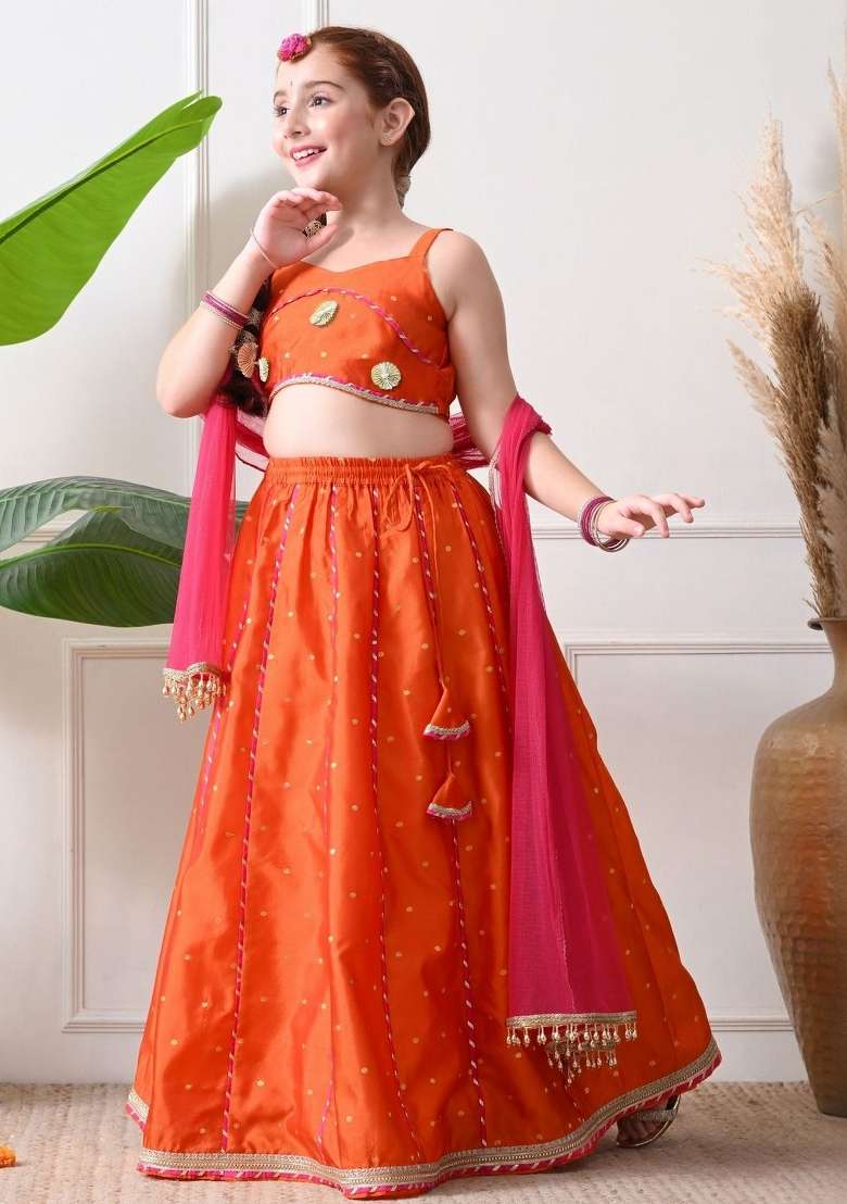 Orange Embellished Silk Lehenga Set For Girls - Indya