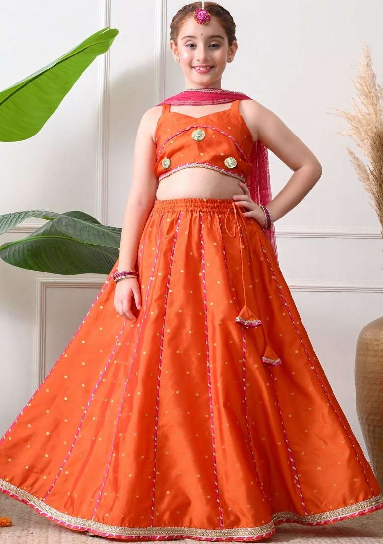 Orange Embellished Silk Lehenga Set For Girls - Indya