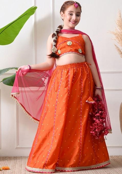 Orange Embellished Silk Lehenga Set For Girls