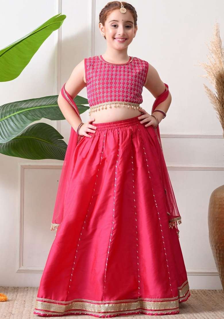 Pink Embellished Silk Lehenga Set For Girls - Indya