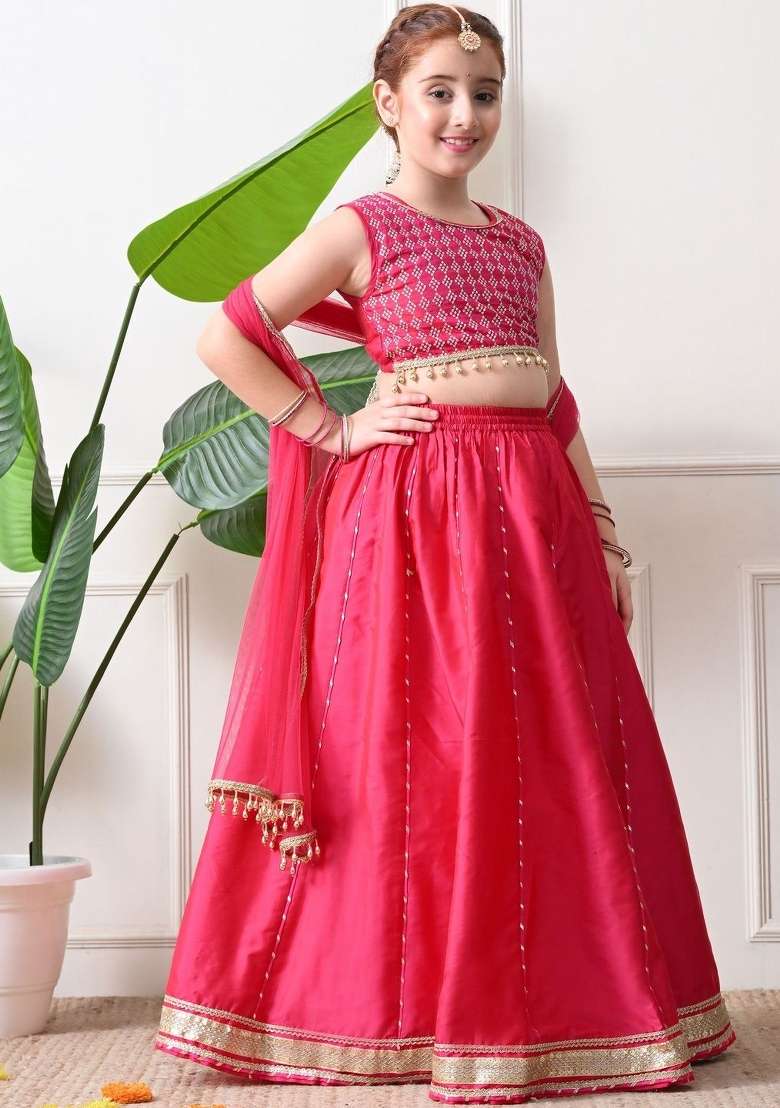 Pink Embellished Silk Lehenga Set For Girls - Indya