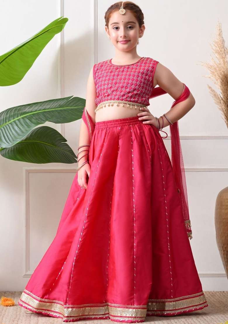 Pink Embellished Silk Lehenga Set For Girls - Indya