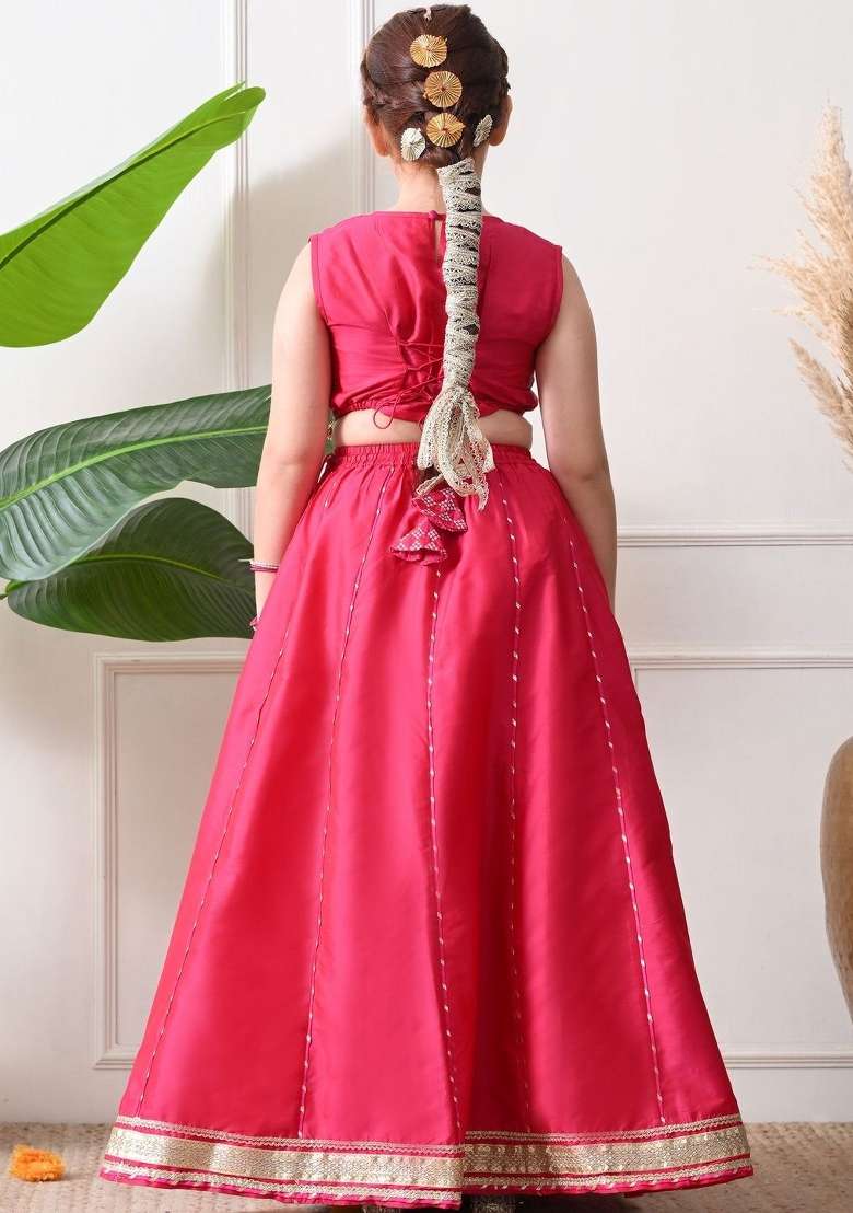 Pink Embellished Silk Lehenga Set For Girls - Indya