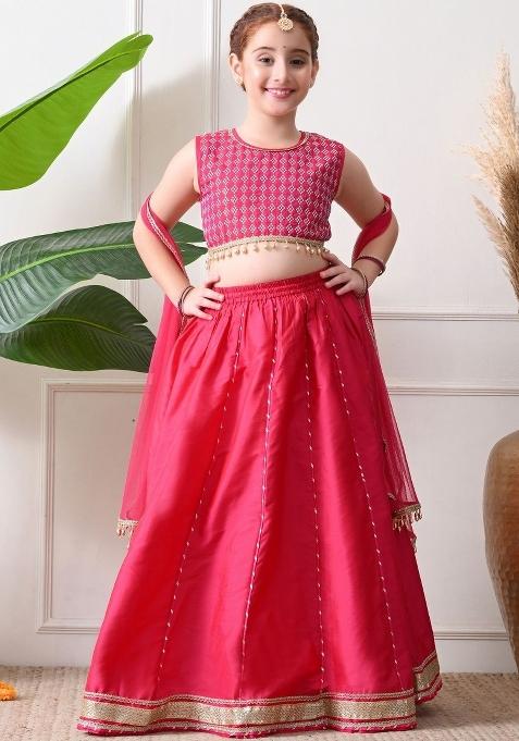 Pink Embellished Silk Lehenga Set For Girls
