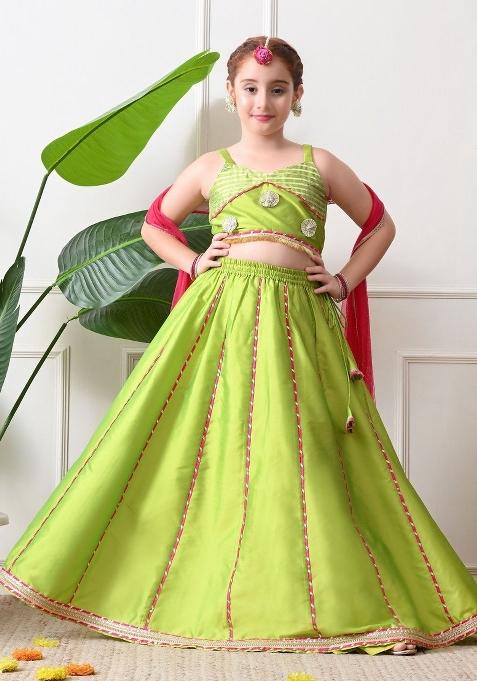 Green Panelled Silk Lehenga Set For Girls