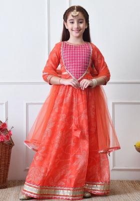 Orange Printed Georgette Lehenga Set For Girls