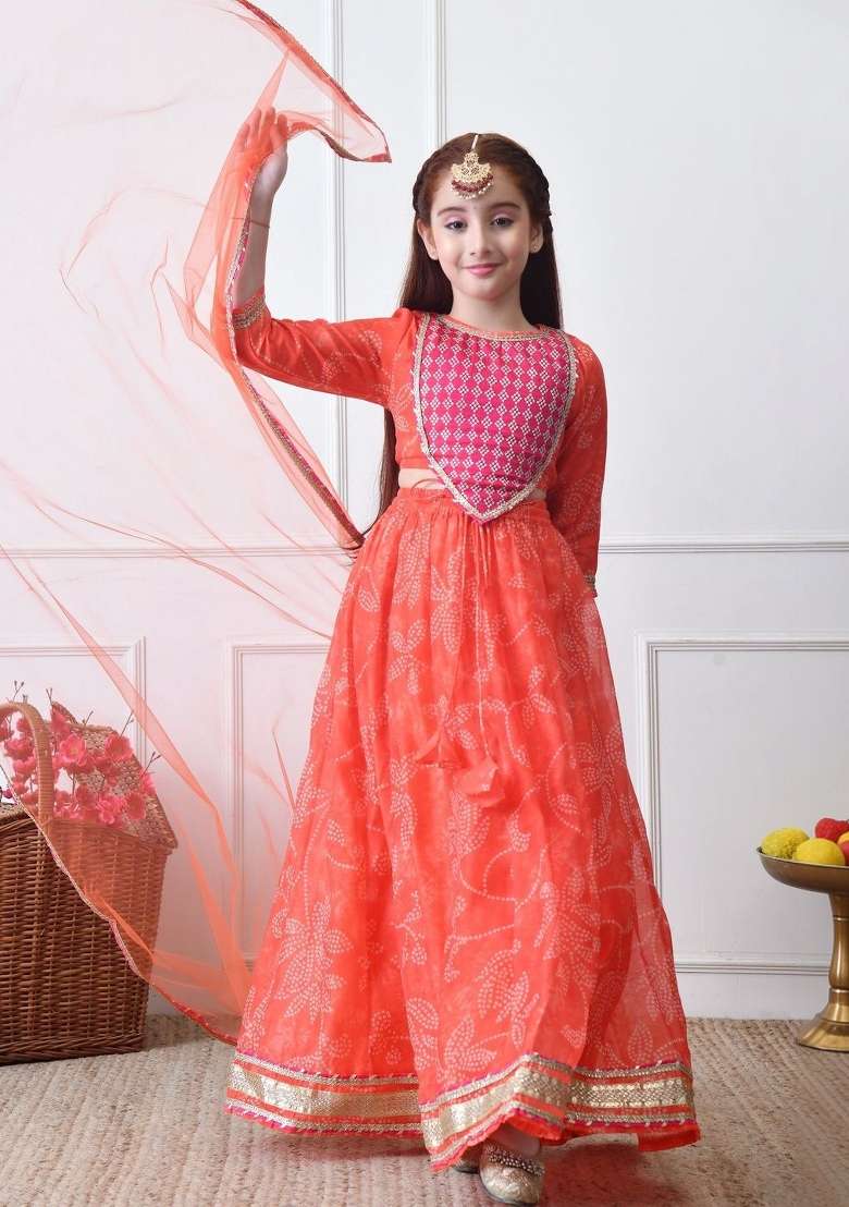 Orange Printed Georgette Lehenga Set For Girls - Indya
