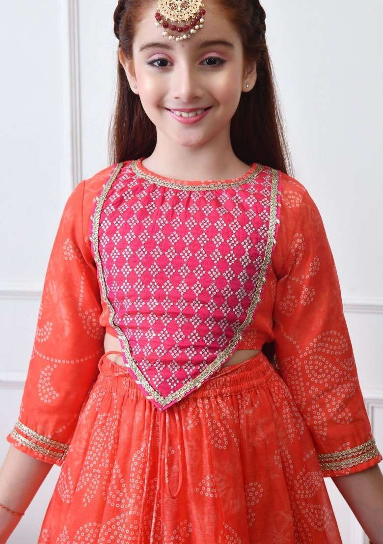 Orange Printed Georgette Lehenga Set For Girls - Indya