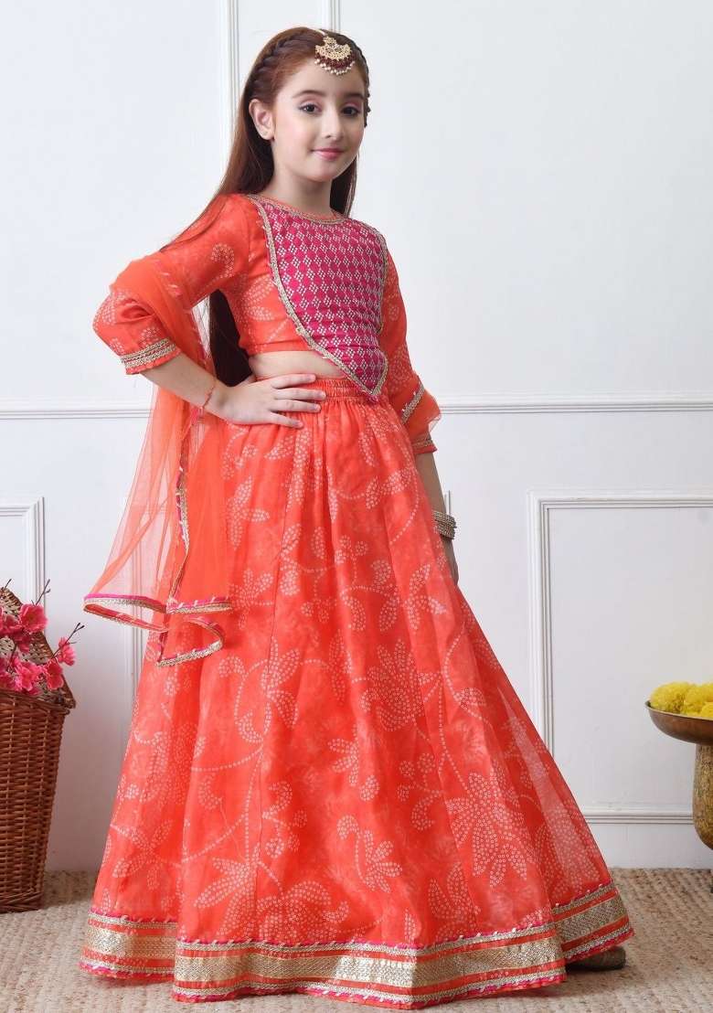Orange Printed Georgette Lehenga Set For Girls - Indya