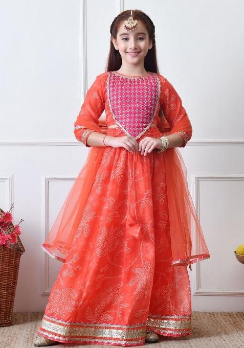 Orange Printed Georgette Lehenga Set For Girls