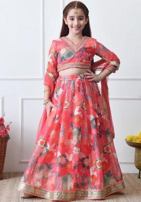 Pink Printed Silk Lehenga Set For Girls