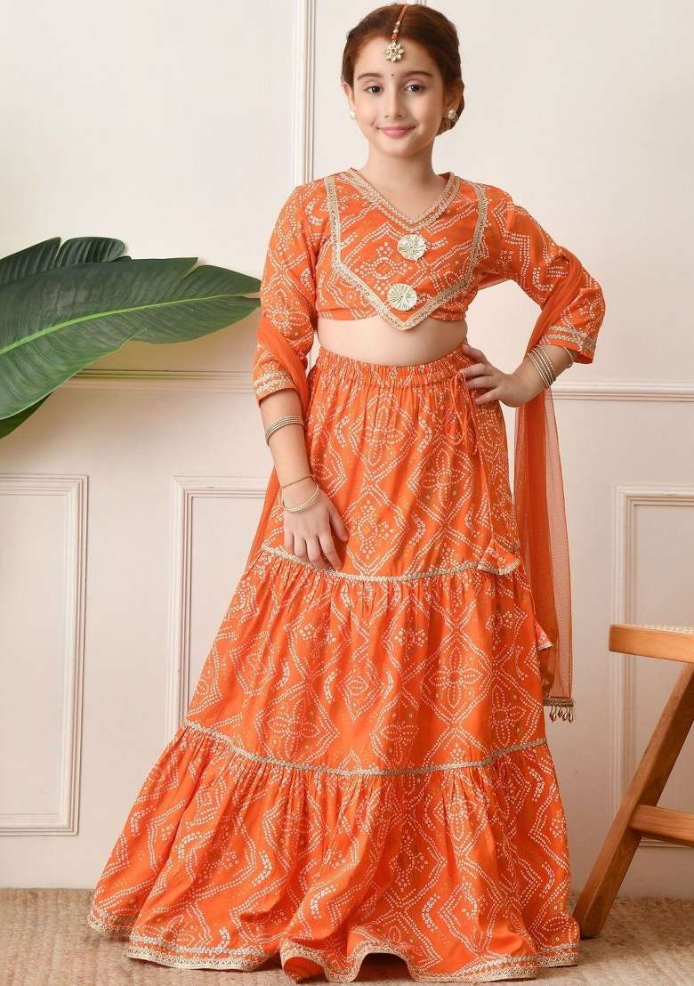 Orange Printed Viscose Lehenga Set For Girls - Indya