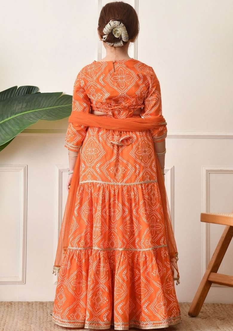 Orange Printed Viscose Lehenga Set For Girls - Indya