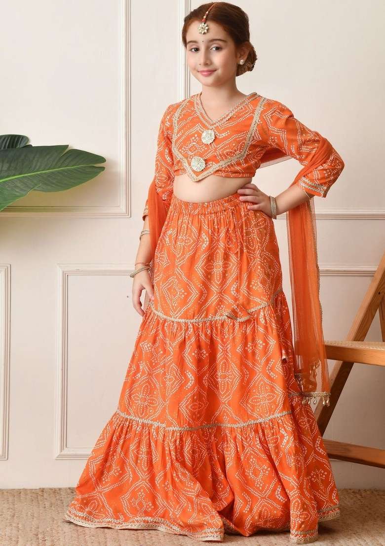 Orange Printed Viscose Lehenga Set For Girls - Indya