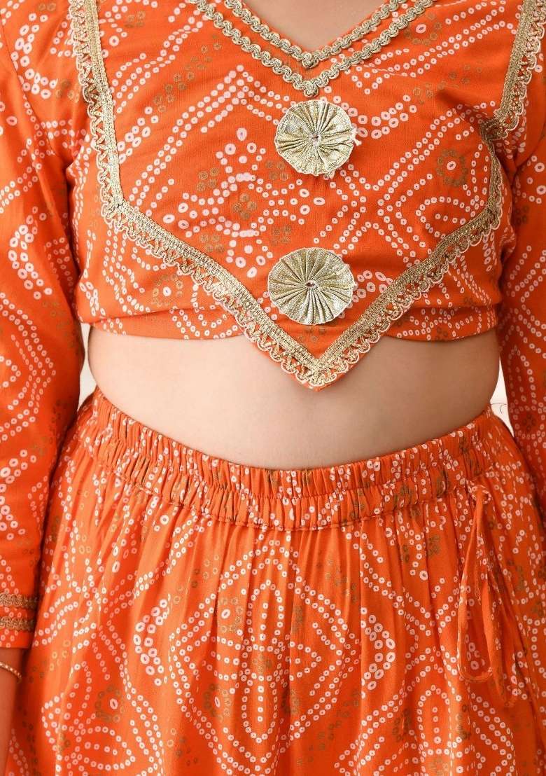 Orange Printed Viscose Lehenga Set For Girls - Indya