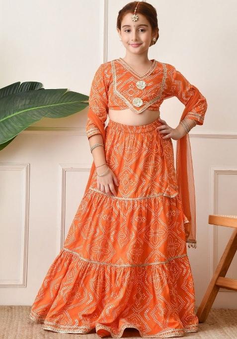 Orange Printed Viscose Lehenga Set For Girls