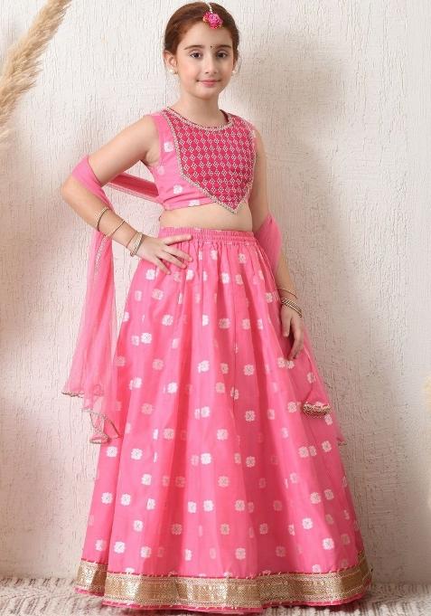 Pink Embellished Silk Lehenga Set For Girls