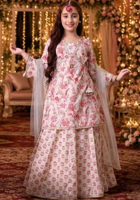 Pink Printed Cotton Lehenga Set For Girls