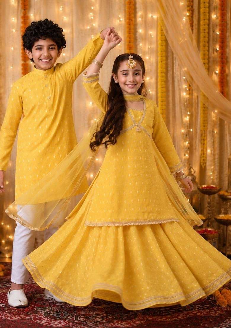 Yellow Embellished Silk Lehenga Set For Girls - Indya