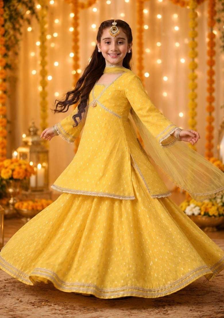 Yellow Embellished Silk Lehenga Set For Girls - Indya