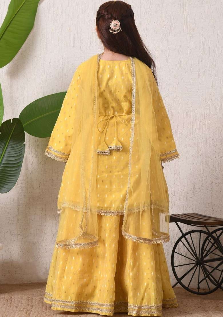 Yellow Embellished Silk Lehenga Set For Girls - Indya