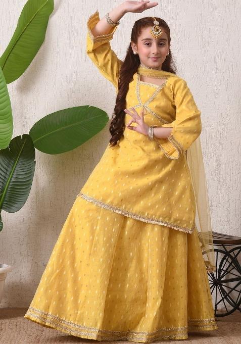 Yellow Embellished Silk Lehenga Set For Girls