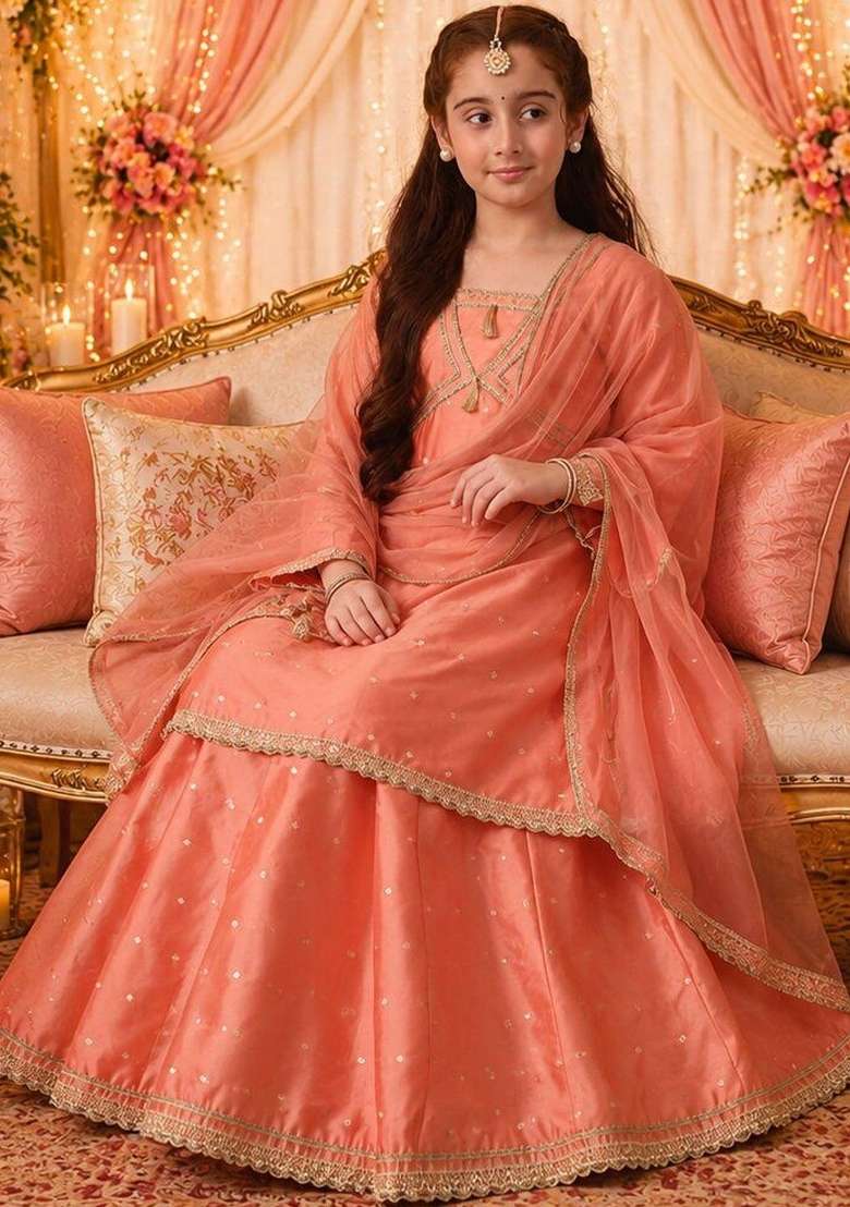 Peach Embellished Silk Lehenga Set For Girls - Indya