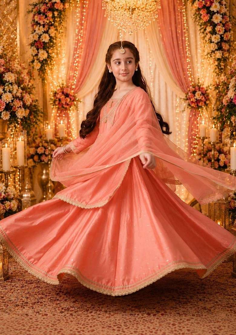 Peach Embellished Silk Lehenga Set For Girls - Indya