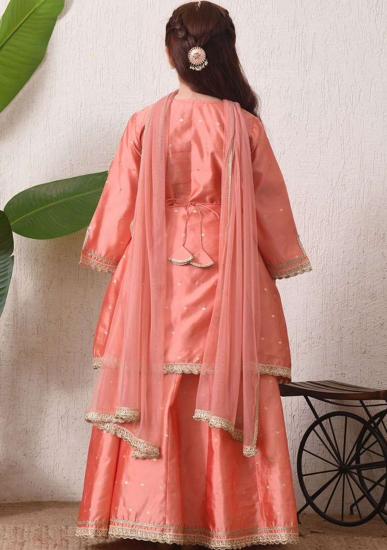 Peach Embellished Silk Lehenga Set For Girls - Indya