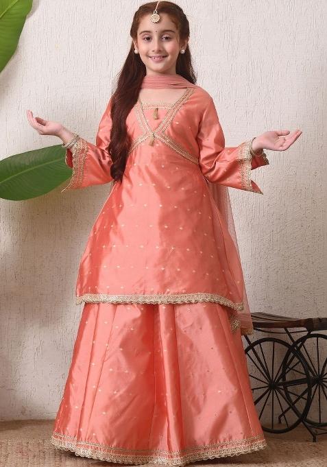Peach Embellished Silk Lehenga Set For Girls