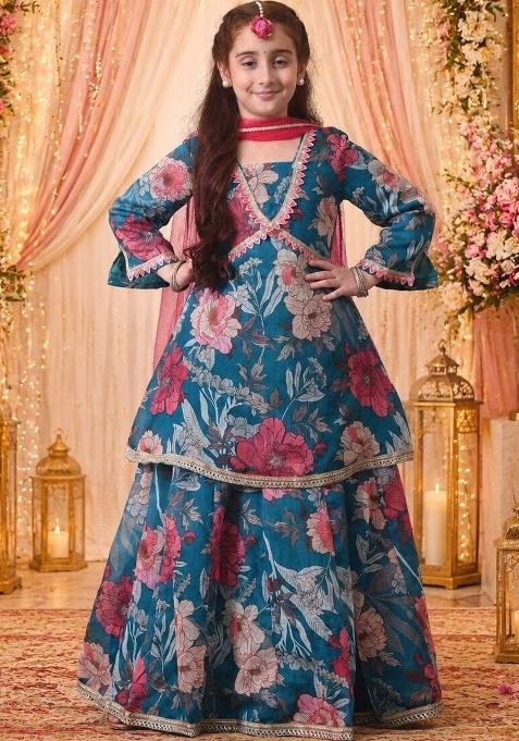 Blue Printed Silk Lehenga Set For Girls
