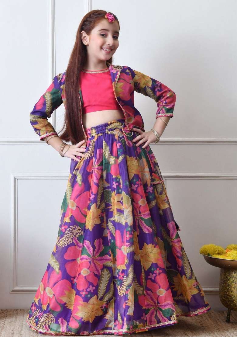 Purple Printed Silk Lehenga Set For Girls - Indya