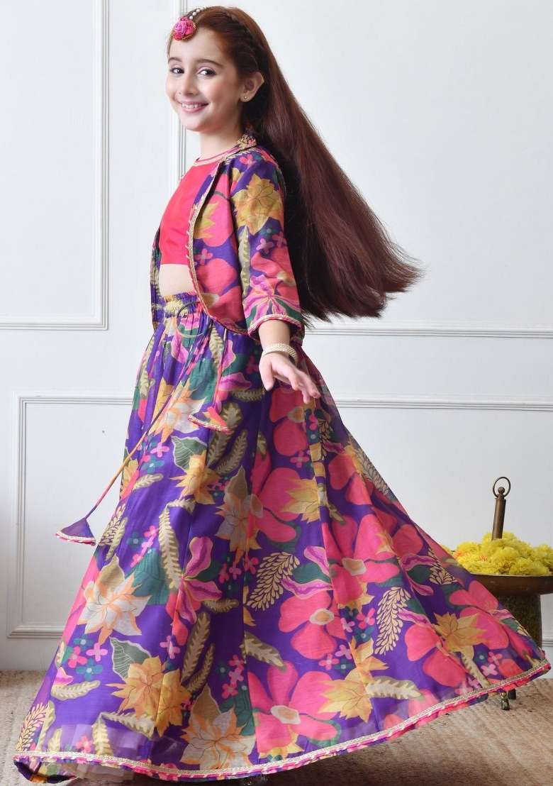 Purple Printed Silk Lehenga Set For Girls - Indya